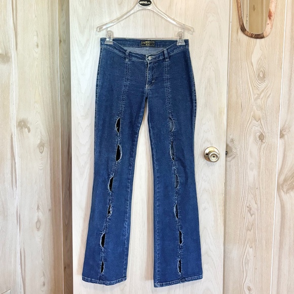 Vintage Small Cutout Low Waist Stretch Flare Denim Blue Jeans - Picture 1 of 7